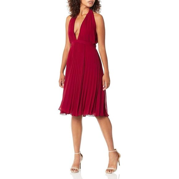 Ali & Jay Pleated Halter neck Chiffon MIDI Dress Fit & Flare Red XS - Picture 3 of 14